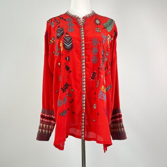 NWOT Johnny Was Biya Reverie Silk Floral Embroidered Red Shirt Blouse Size M - Picture 2 of 13